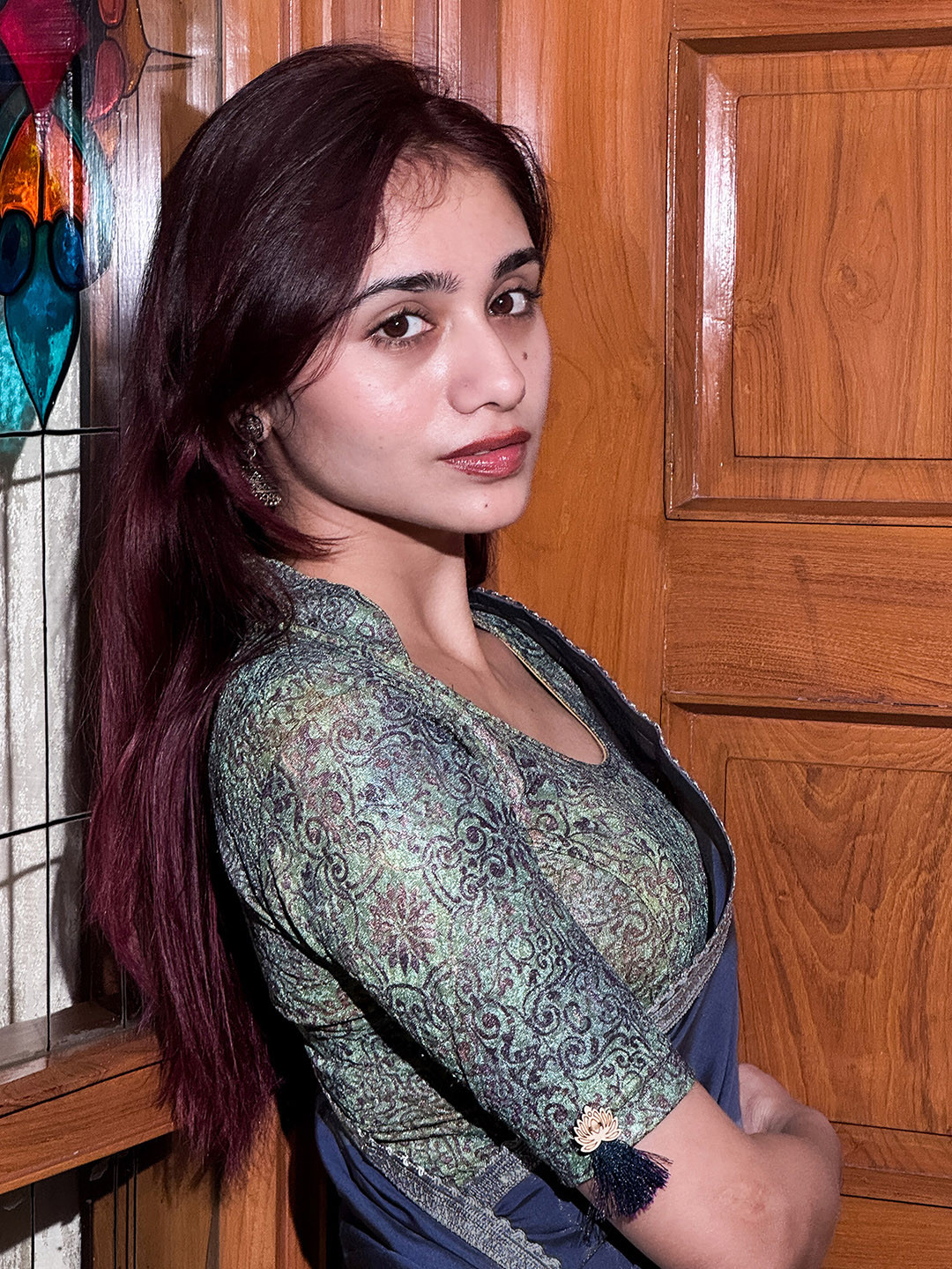 Bindigasm's Advi Printed High Neck Collar  Stretchable Slip On Blouse