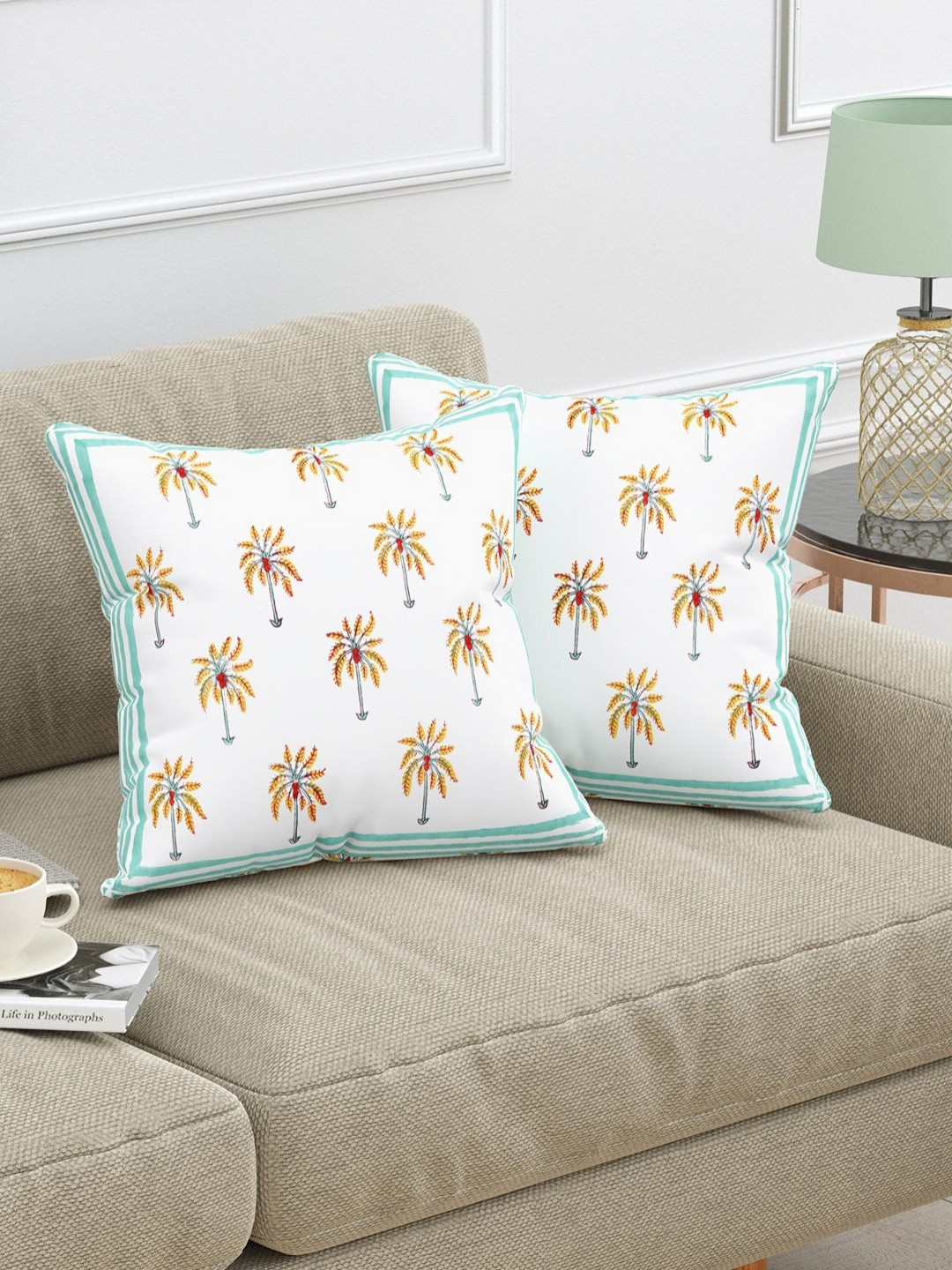 BLOCKS OF INDIA Green & White Set of 2 Ethnic Motifs Square Cushion Covers