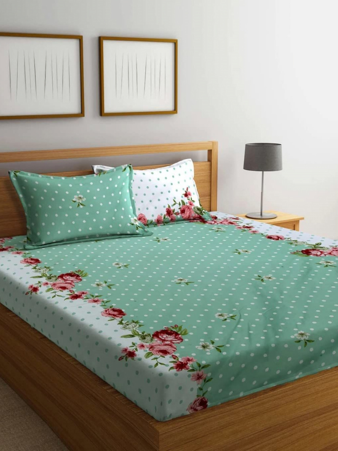 DECENT HOME Green Floral Cotton 220 TC Fitted Queen Fine Bedsheet with 2 Pillow Covers-228 x 228 cm
