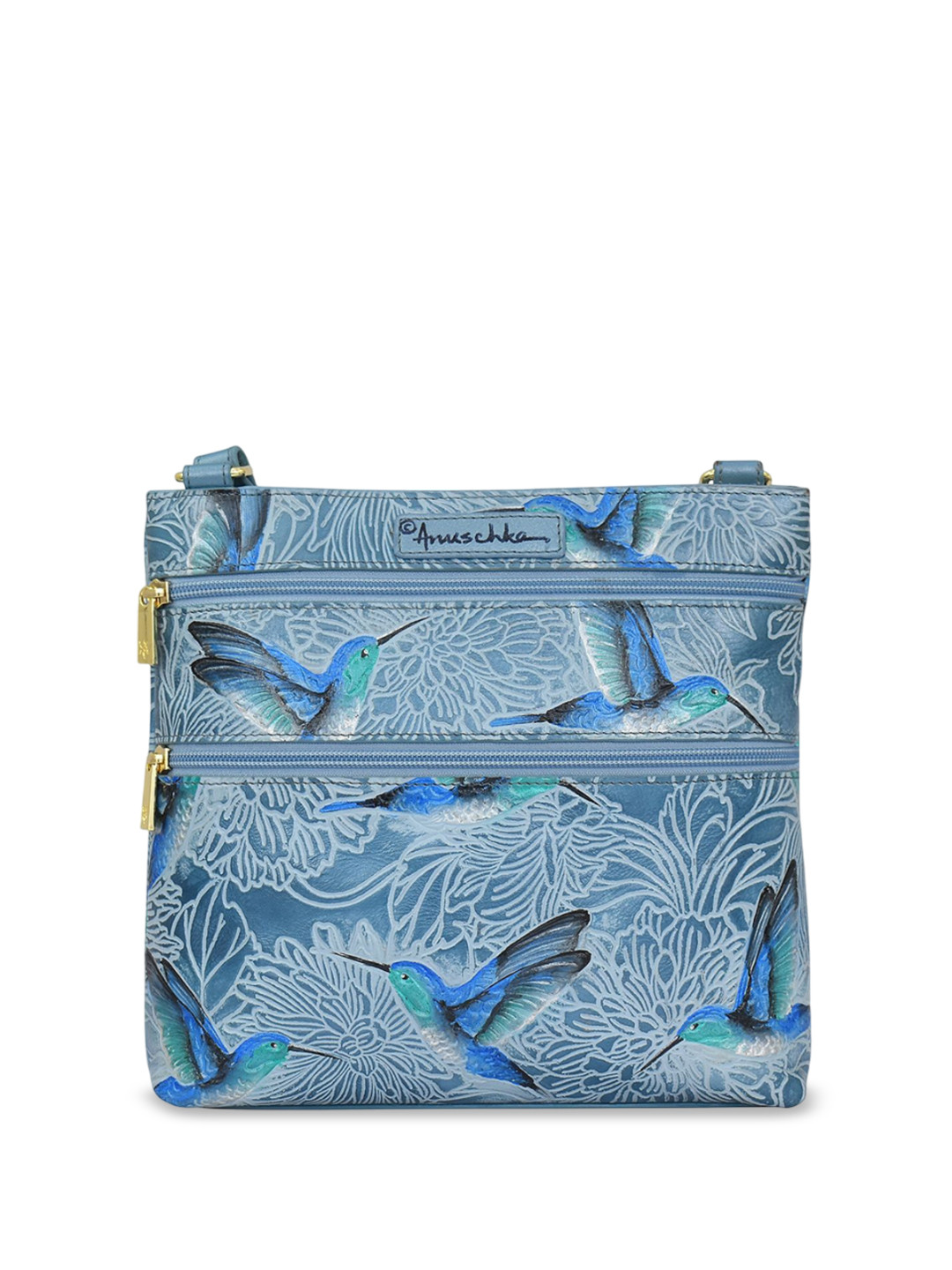 Anuschka Women Tooled Birds Sky Hand Painted Leather Crossbody Handbag