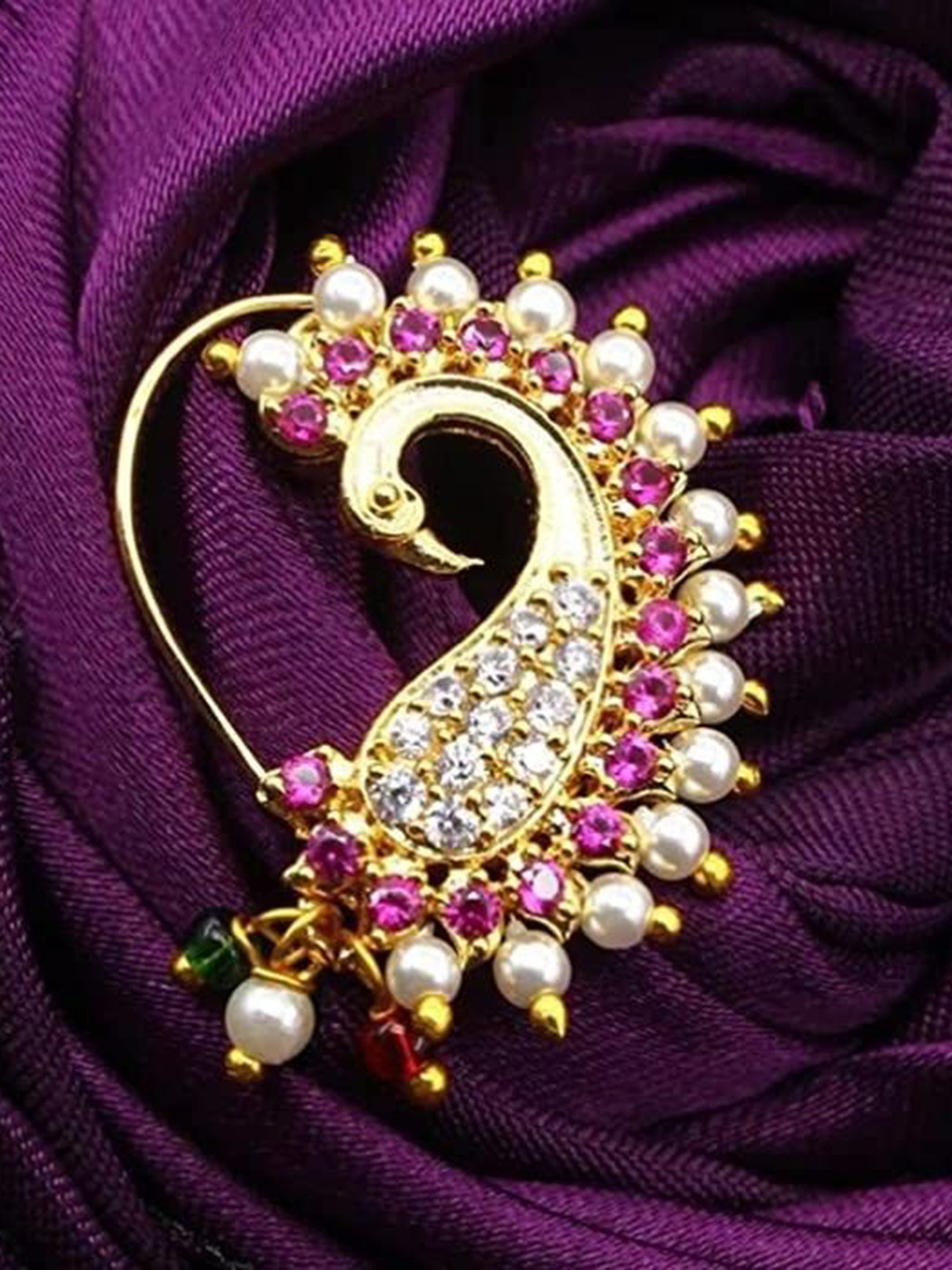 Anouk Gold-Plated American Diamond Studded And Pearls Beaded Peacock Septum Nosepin