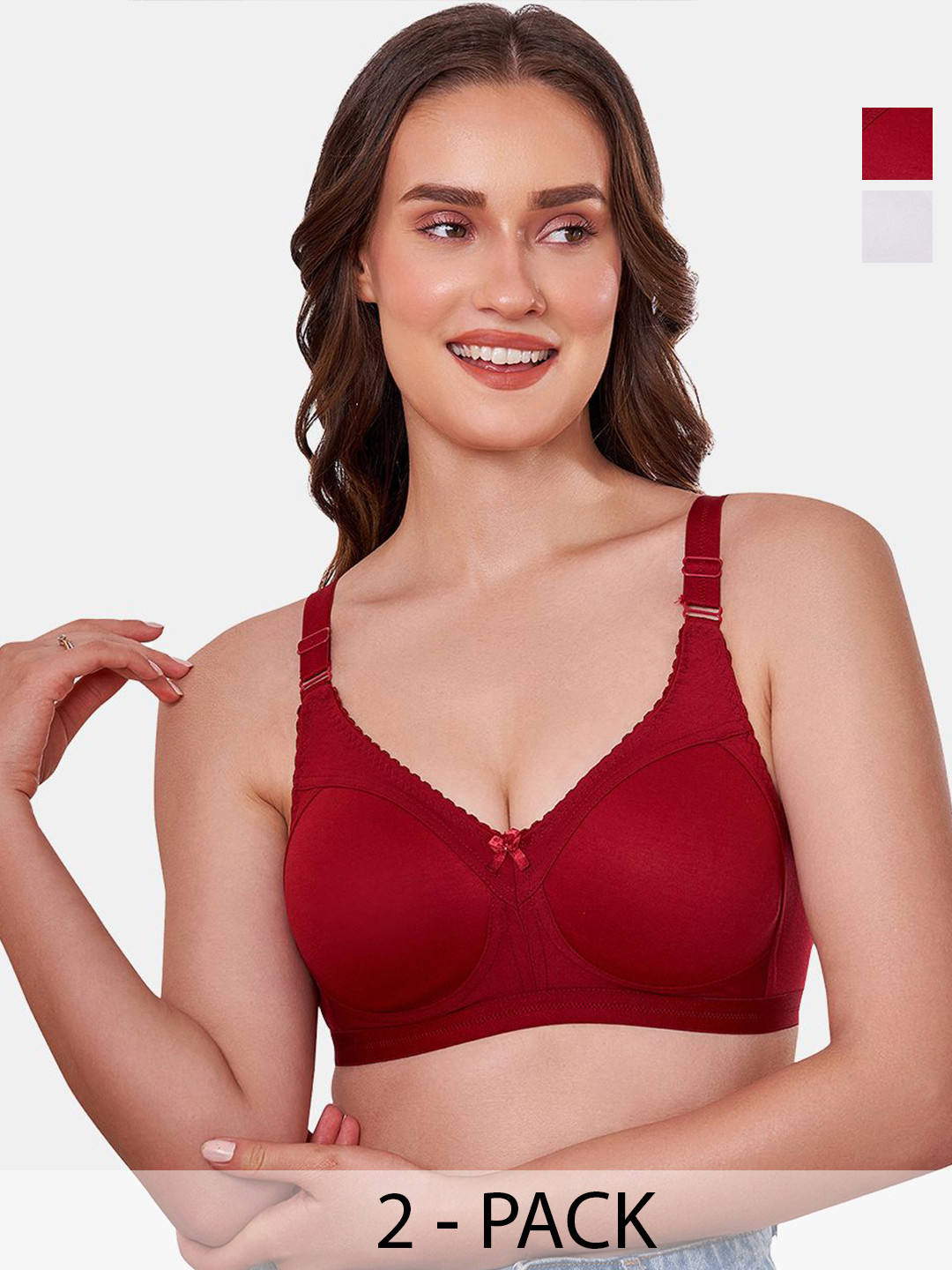 MAROON Cotton Blend Bra for Women Non-Wired Non-Padded Full Coverage Pack of 2 T-Shirt Bra