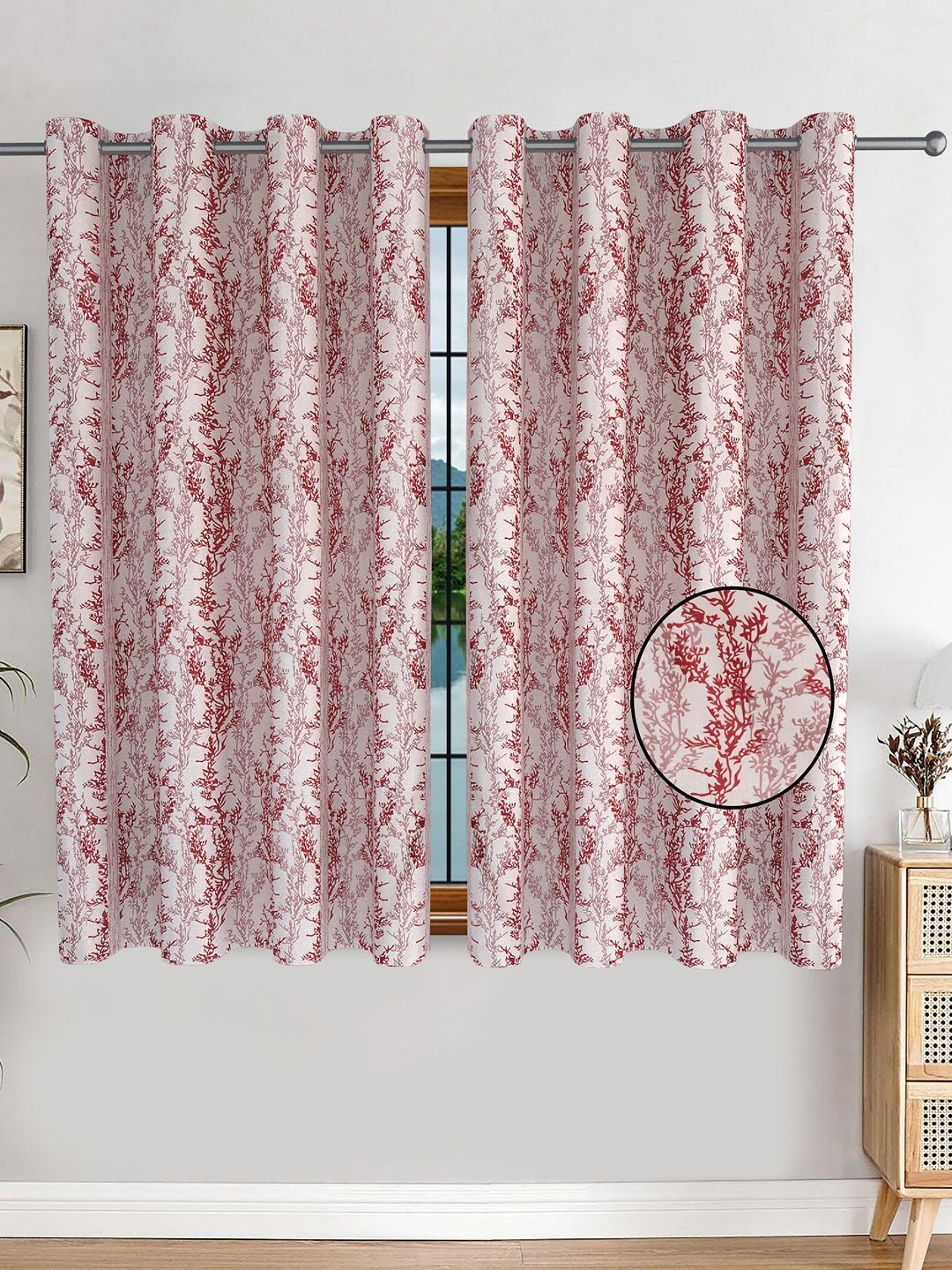 AVI Maroon & White Set of 2 Floral Window Curtain