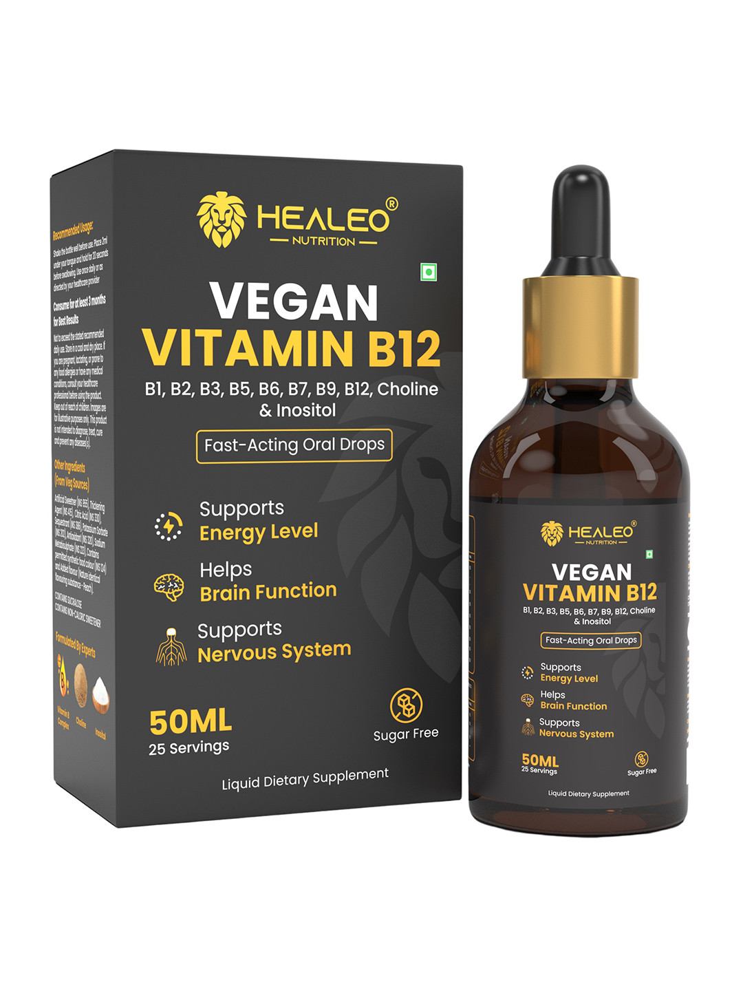 Healeo Nutrition Vegan B12 Drops With B1, B2, B3, B5, B6, B7 For De-stress & Memory- 50 ml