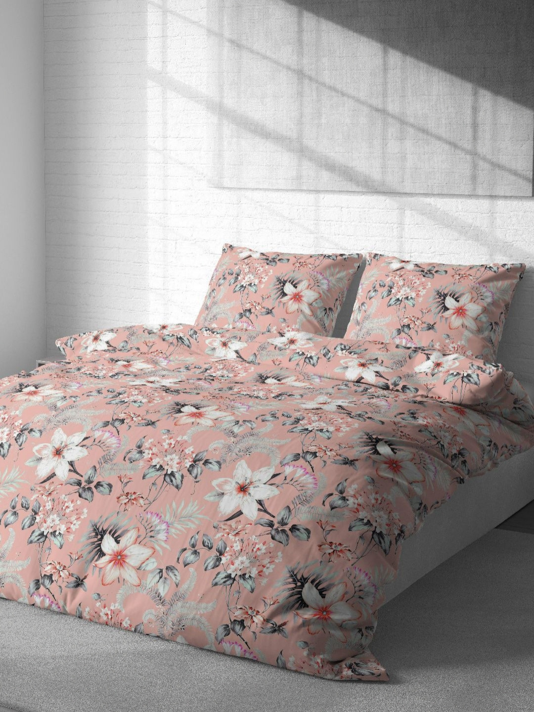 VINTANA Pixel Art Peach Floral Cotton Fade-Resistant 300 TC King Fine Bedsheet with 2 Pillow Covers-108 x 108 inches