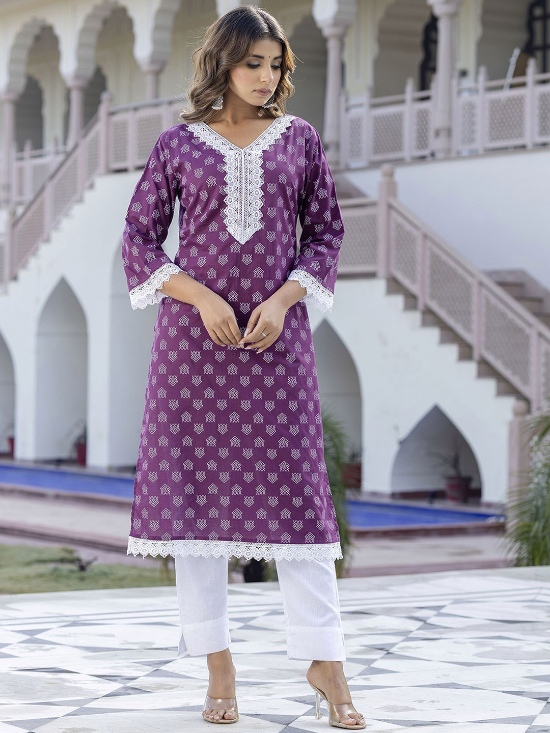 BKApparels Ethnic Motifs Printed V-Neck Cotton A-Line Kurta