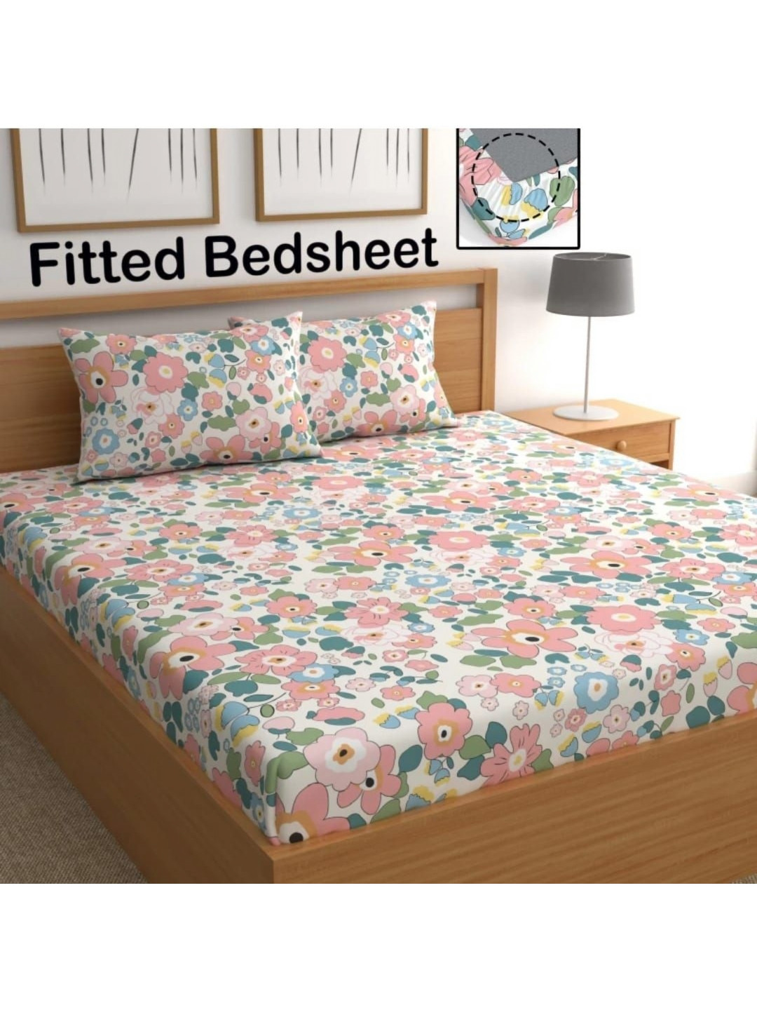 DECENT HOME Pink Floral Cotton 220 TC Fitted Queen Fine Bedsheet with 2 Pillow Covers-98 x 89 inches
