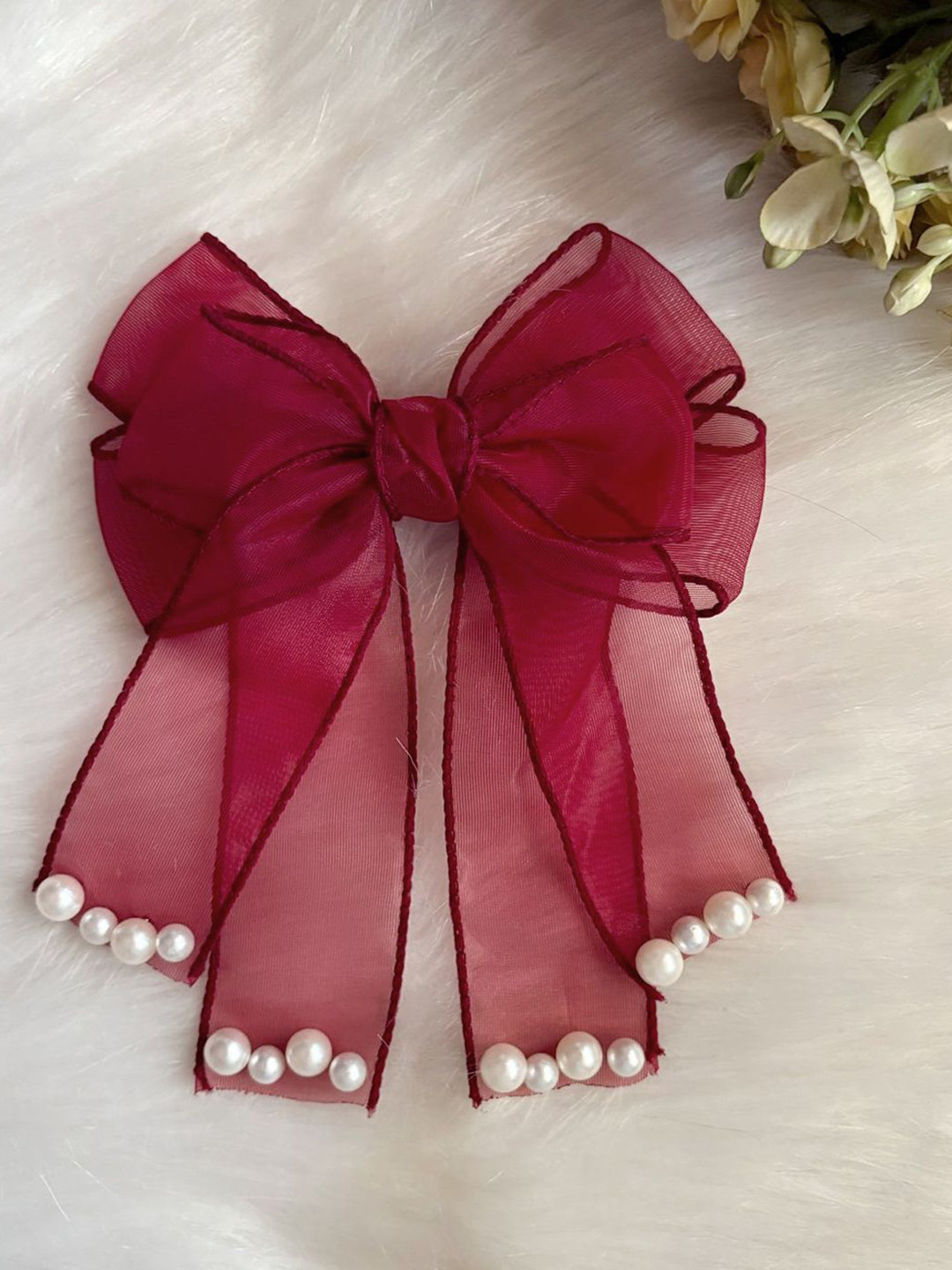 LYKAA Set of 1 Red Hair Ribbon Pearl Bow with Alligator Clip