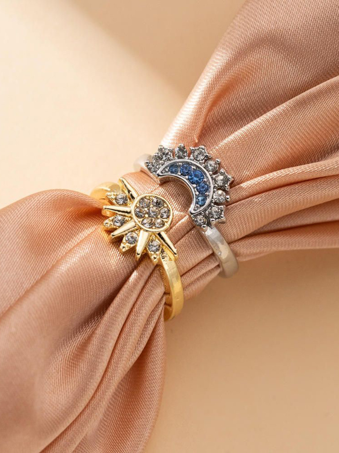 kazare Set Of 2 Gold Plated & Silver Plated Stones Studded Sun & Moon Stackable Ring Set