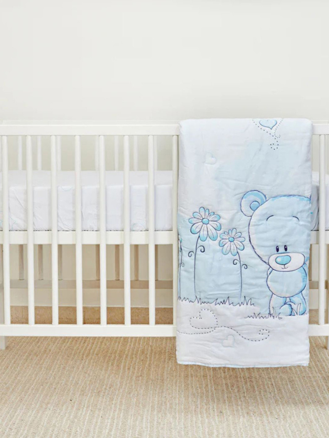 Waxwingo Teddy Quilt Fitted Sheet With Pillow & Bolster Insert Cot Set