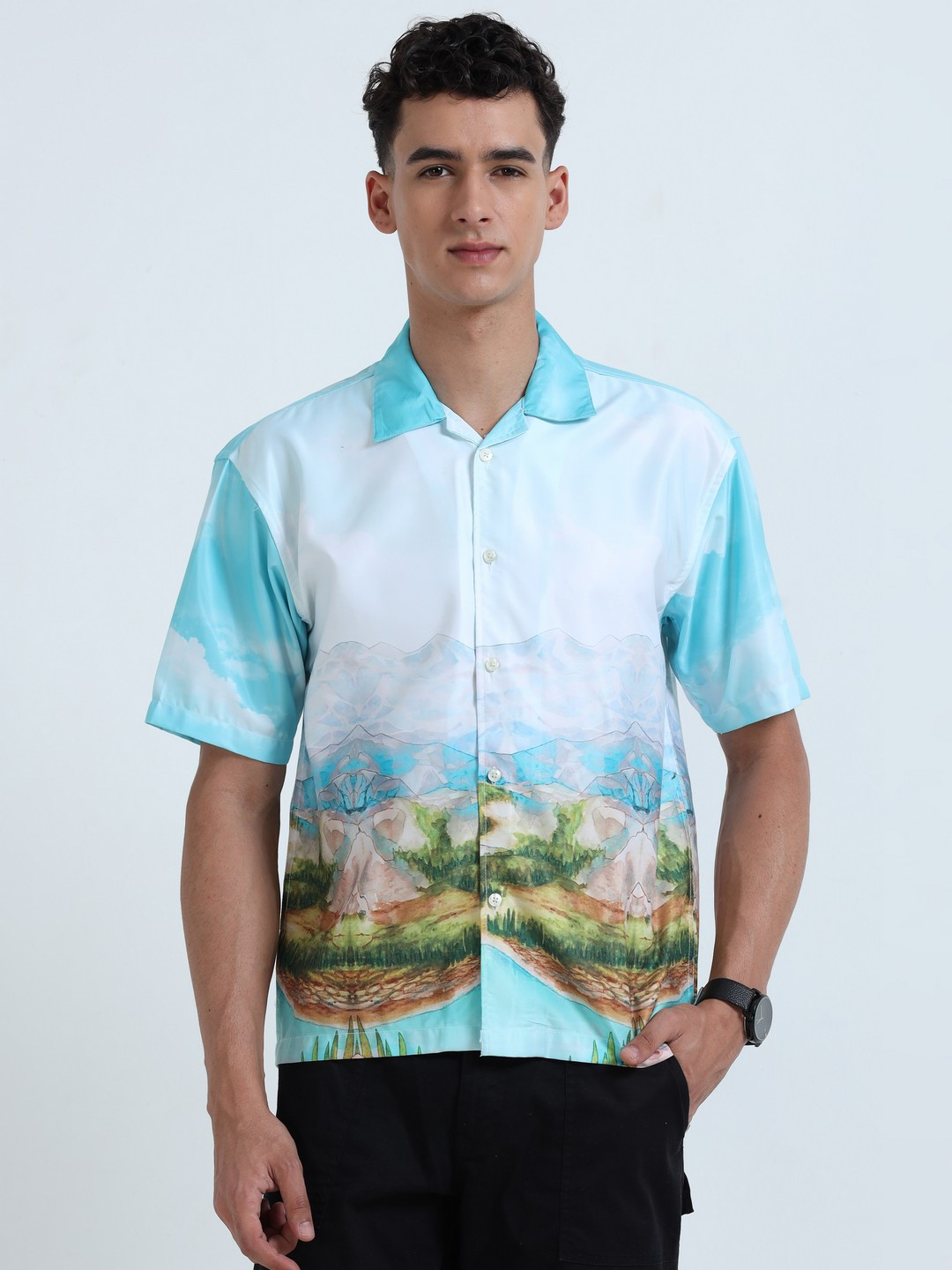 THE BEETEL HOUSE Men Relaxed Satin Himalayan Printed Oversized Casual Shirt