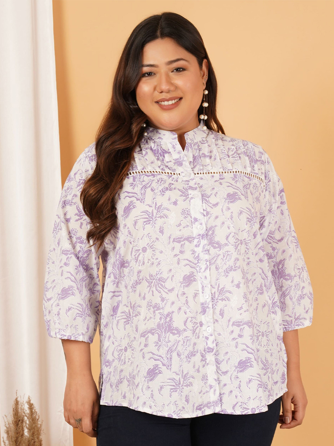 Inditoga Women's Plus Size Mandarin Collar Floral Printed Cotton Tunic