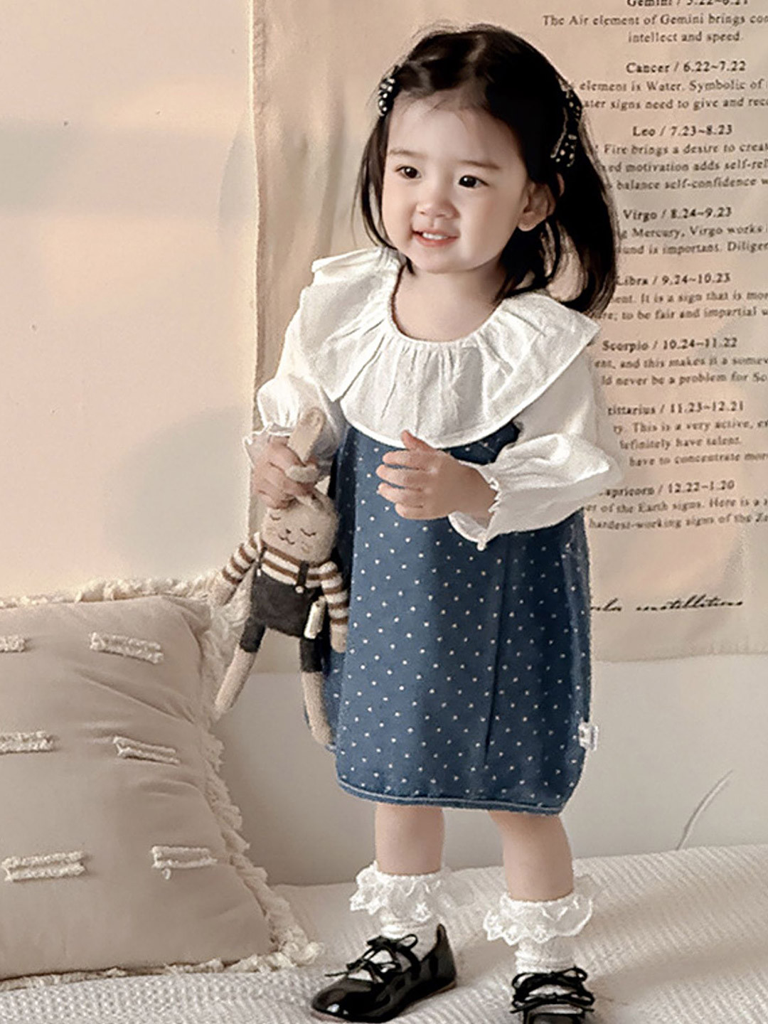 LULU & SKY Polka Dot Print Puff Sleeve Ruffled Denim Midi Dress