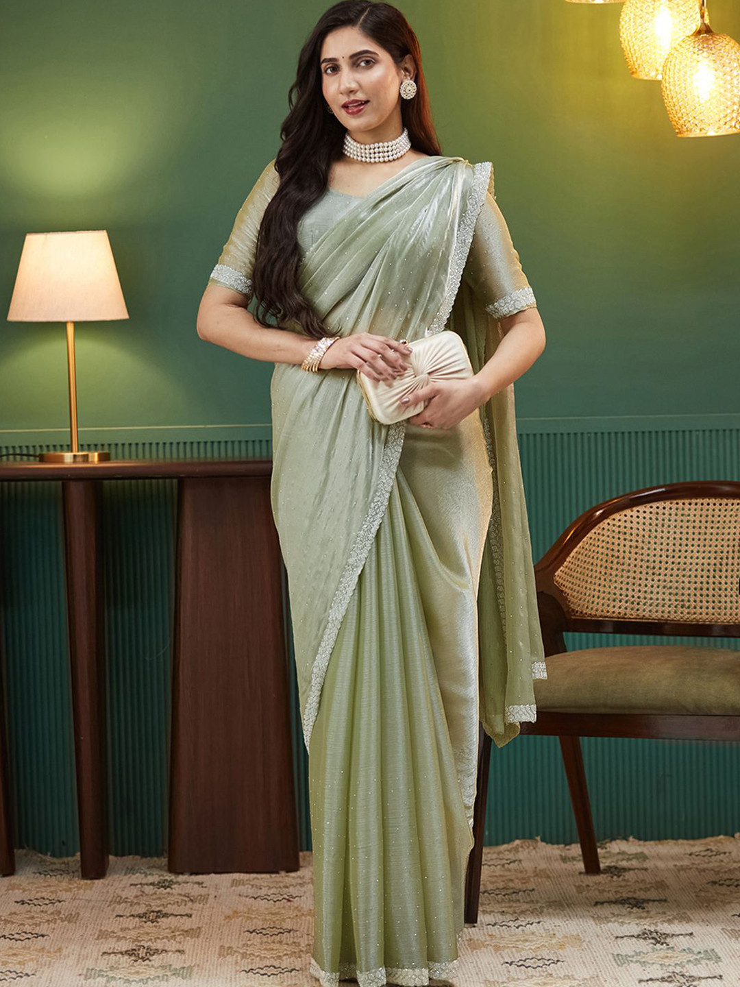 Satrani Embellished Beads and Stones Pure Chiffon Saree