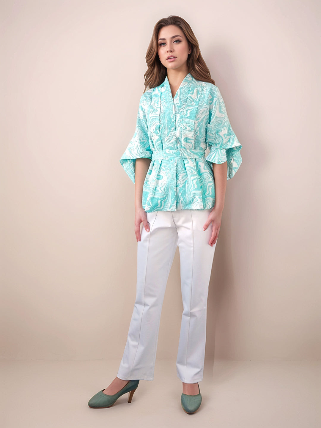 Zink London Print Flared Sleeve Cinched Waist Top