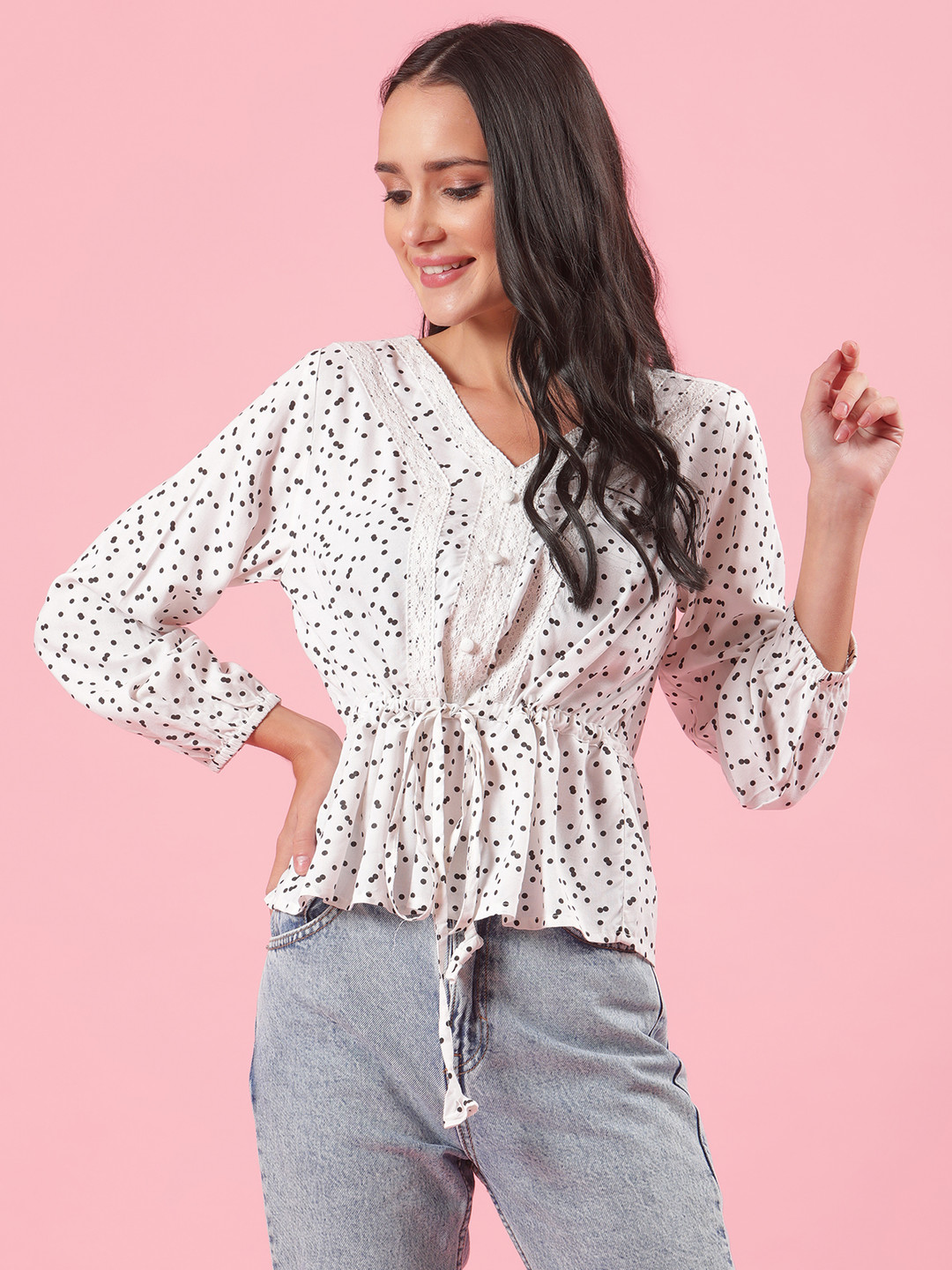 Shades of Sabi Women White Dot Print V-Neck Regular Top