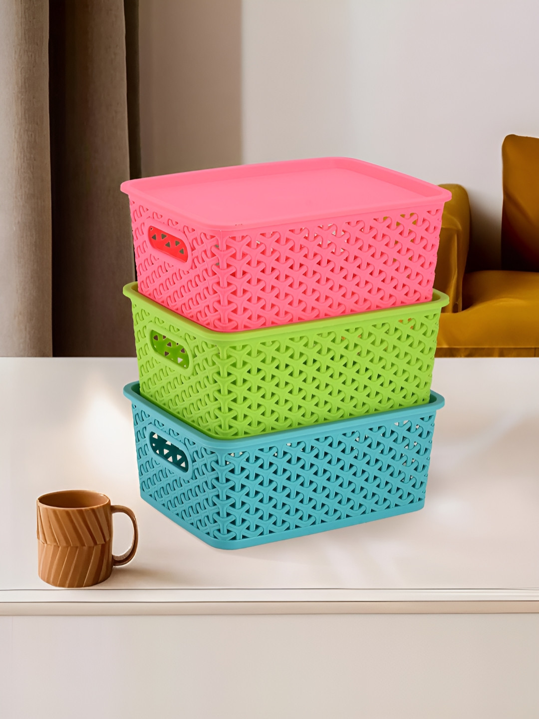 Aura Pink Set of 3 Regular Multipurpose Home Storage Tote Basket with Lid Organisers