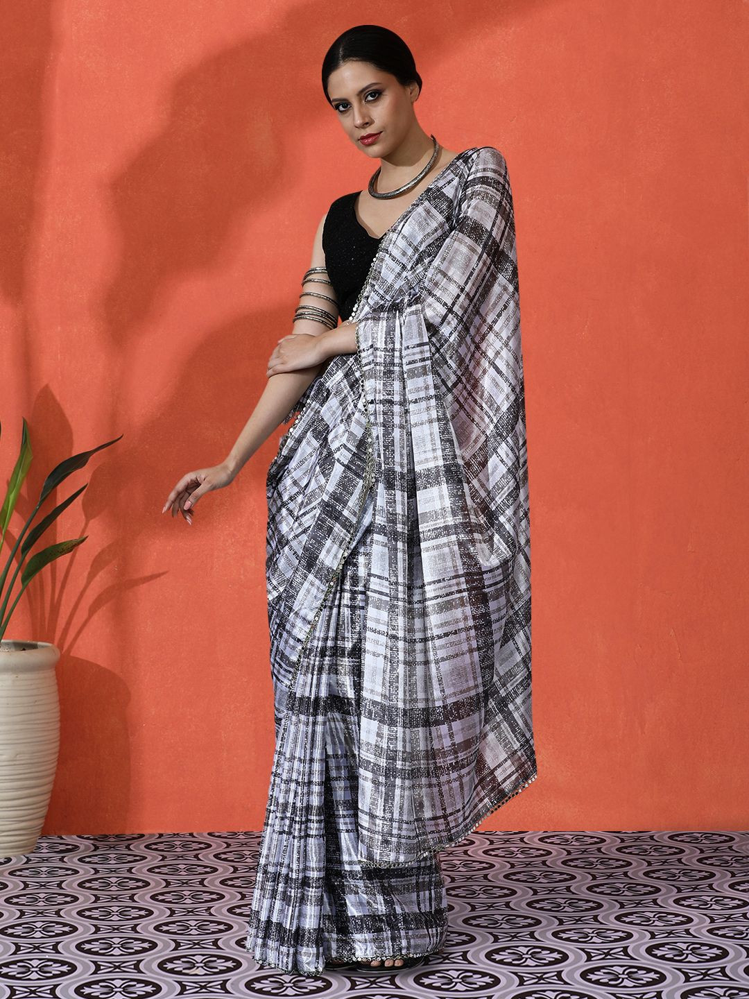 Sangria Mirror Work Checked Printed Digital Printed Satin Saree With Blouse Piece