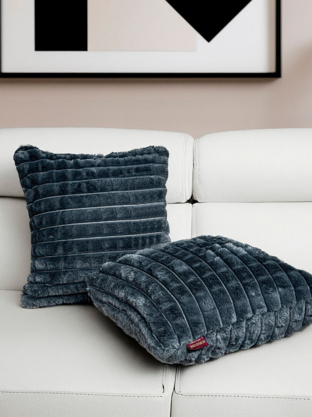 HOMADORN Super Soft Fur Checked Polyester Reversible 2 Pcs Cushion Covers - 16 x 16 Inches