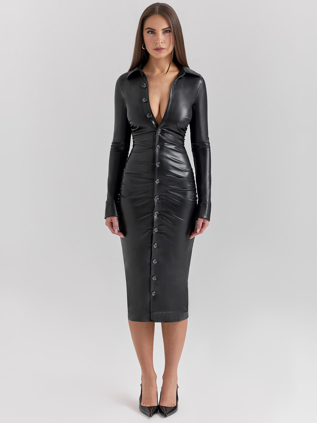Bee Boe Women Shirt Collar Faux Leather Black Bodycon Midi Dress