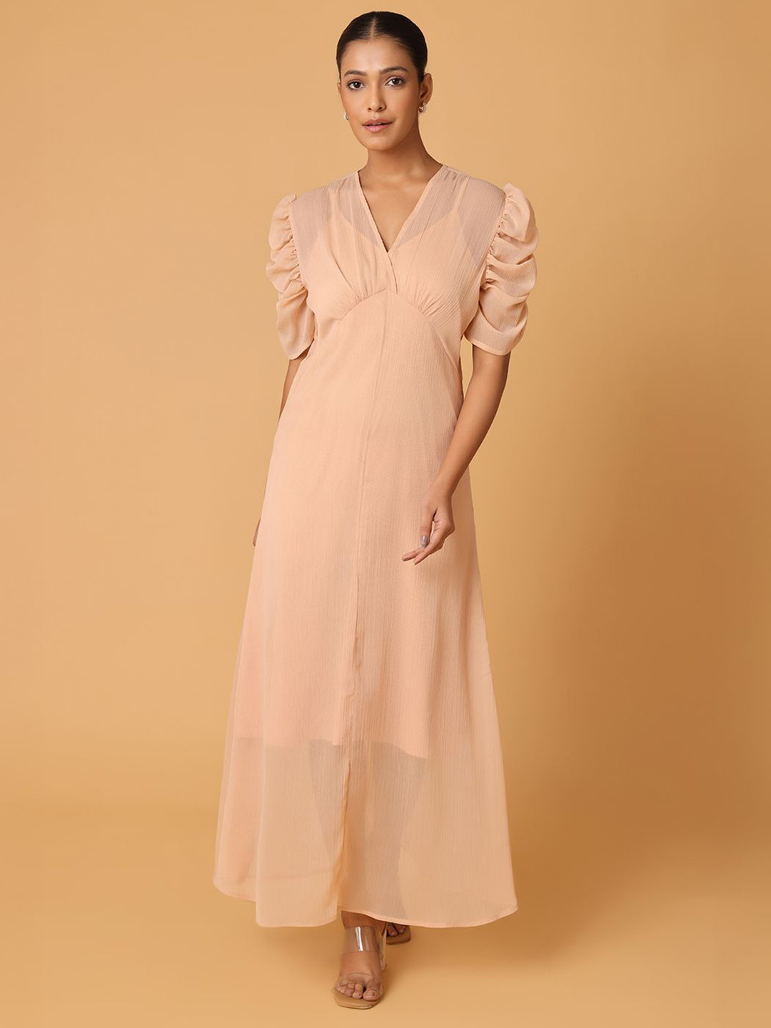 BLANC9 V-Neck Puff Sleeve Maxi Dress