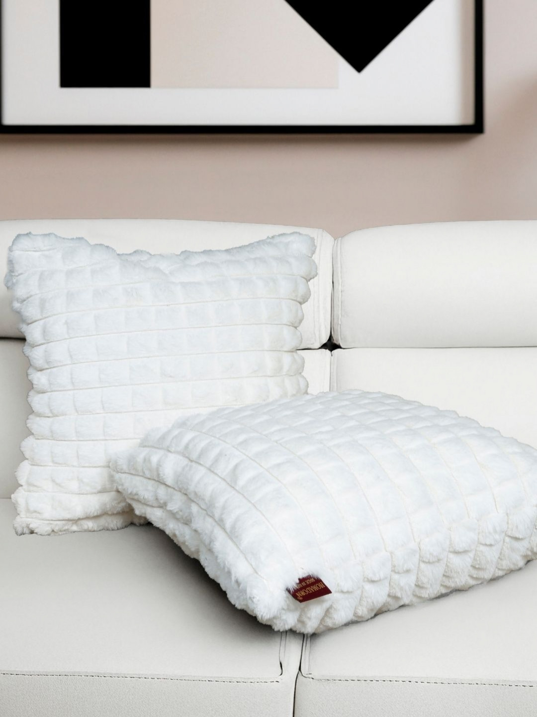 HOMADORN Super Soft Fur Checked Polyester Reversible 2 Pcs Cushion Covers - 16 x 16 Inches