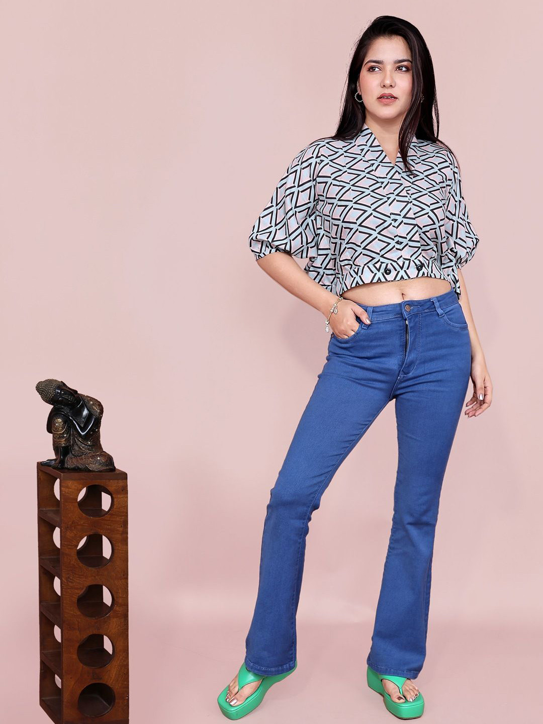Kaajal by Vidhi Geometric Checked Kimono Sleeve Cotton Shirt Style Crop Top
