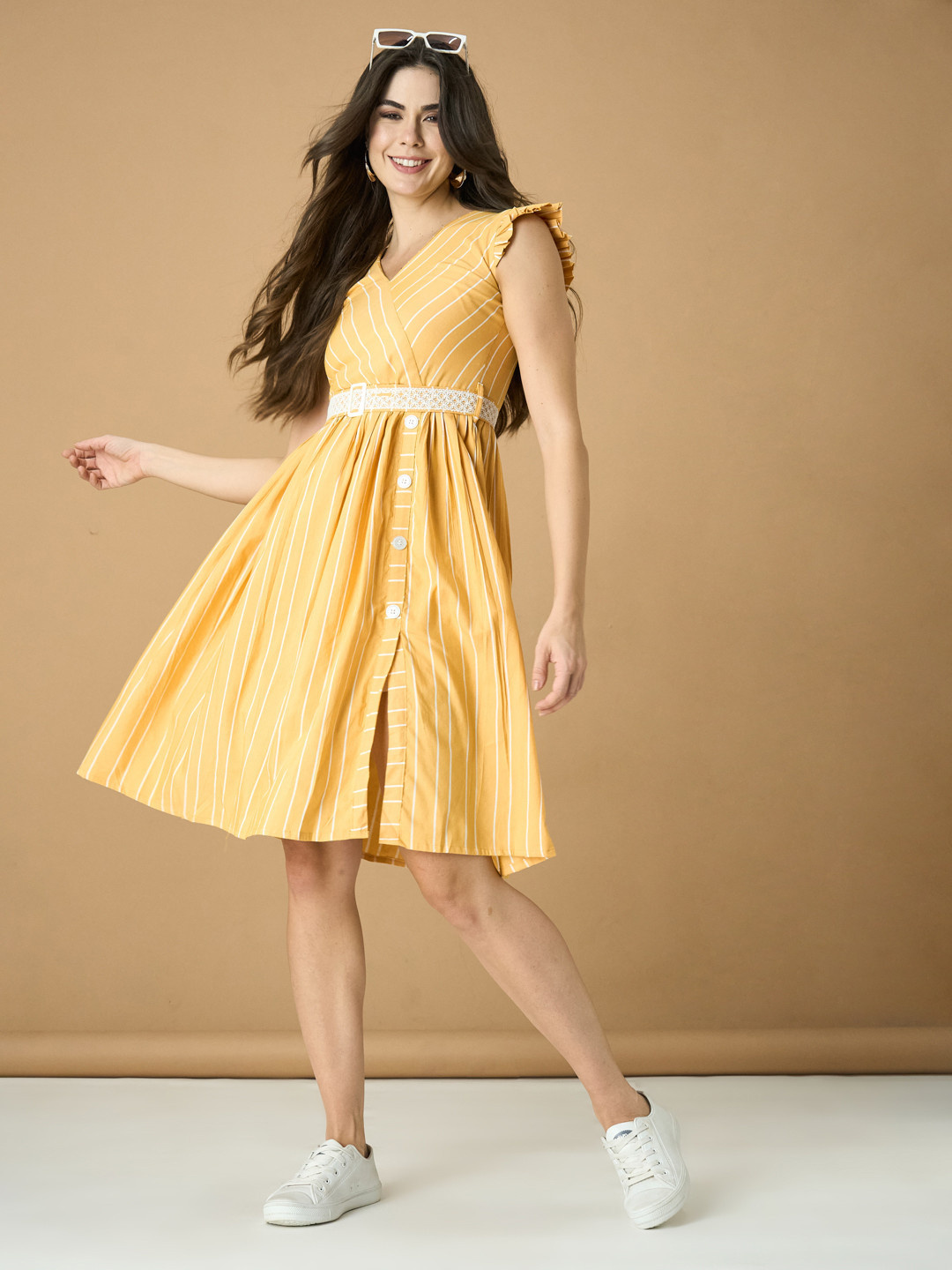 YANAMORA Striped Flutter Sleeve Fit & Flare Dress