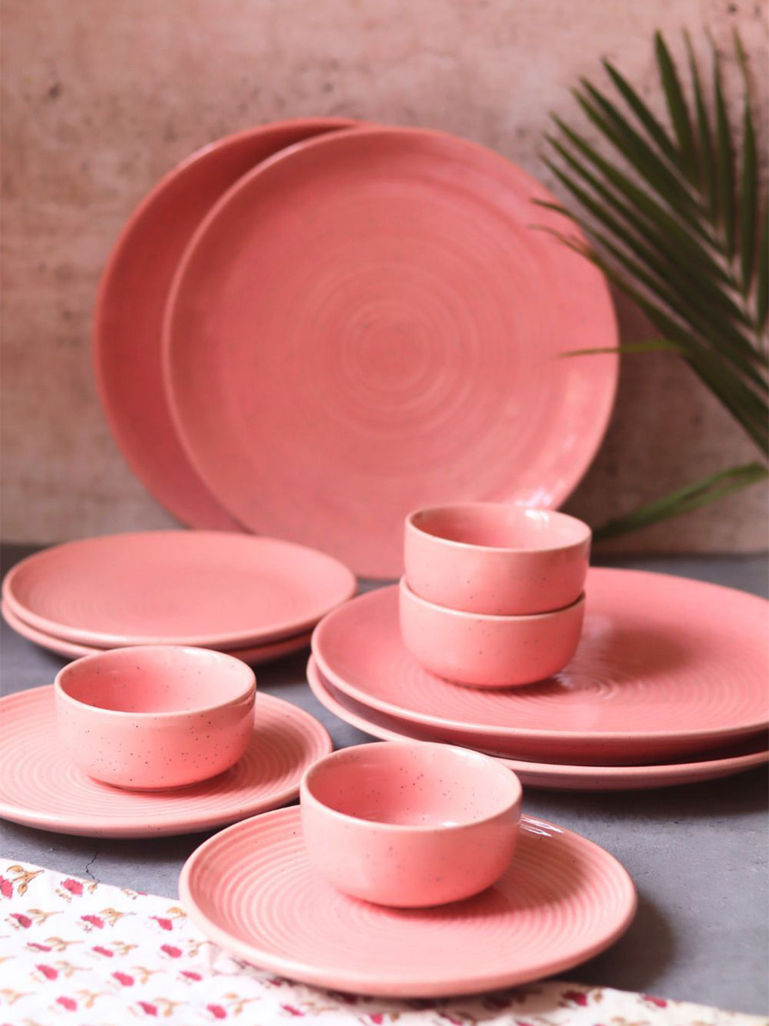 WEAVING HOMES Rosy Pink 12 Pieces Ceramic Glossy Dinner Set