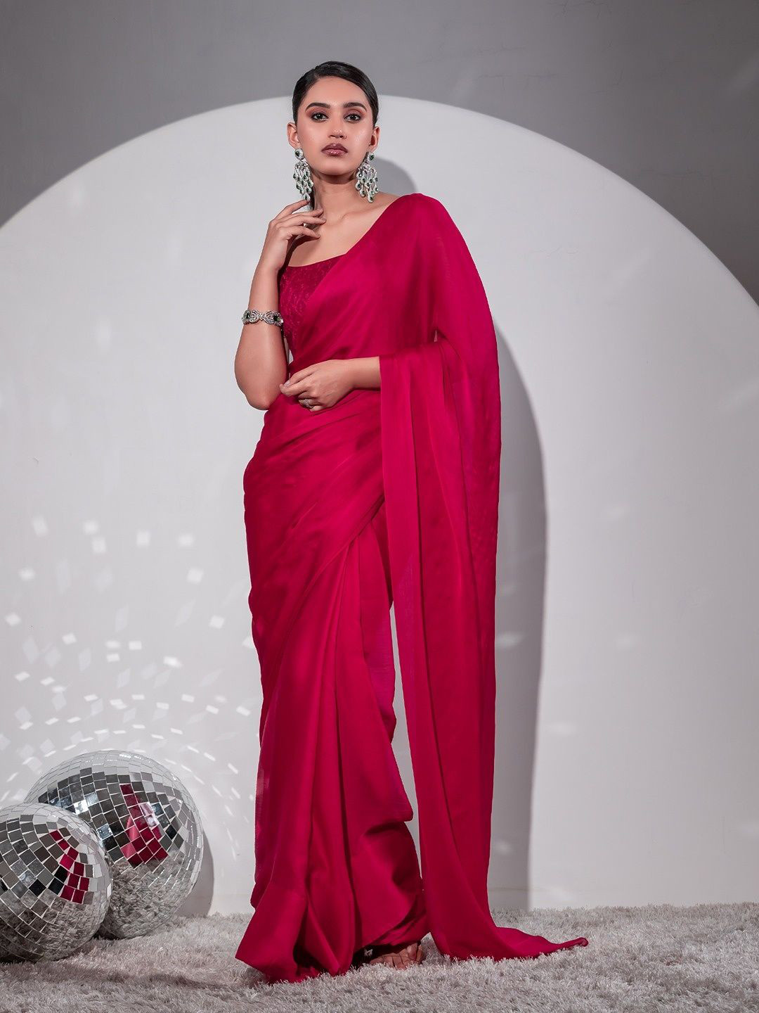 Swtantra Romantic Crimson Butter Chiffon Saree with Embroidered Blouse Fabric