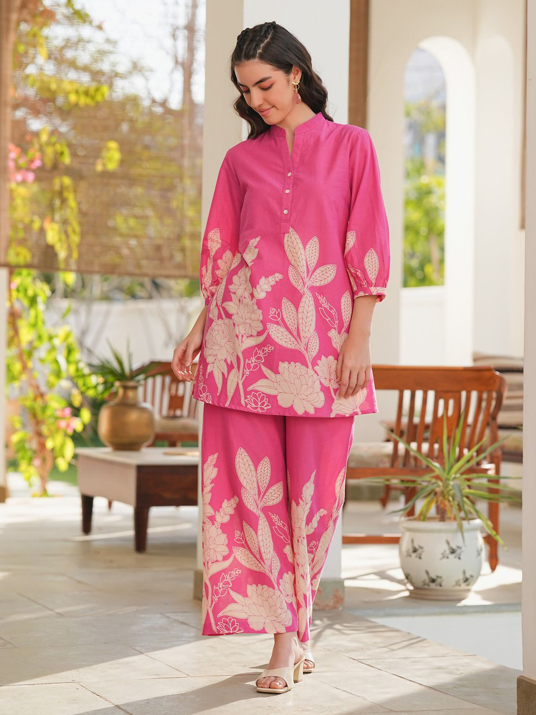 JISORA Women's Pink Printed Cotton Co-ord Set