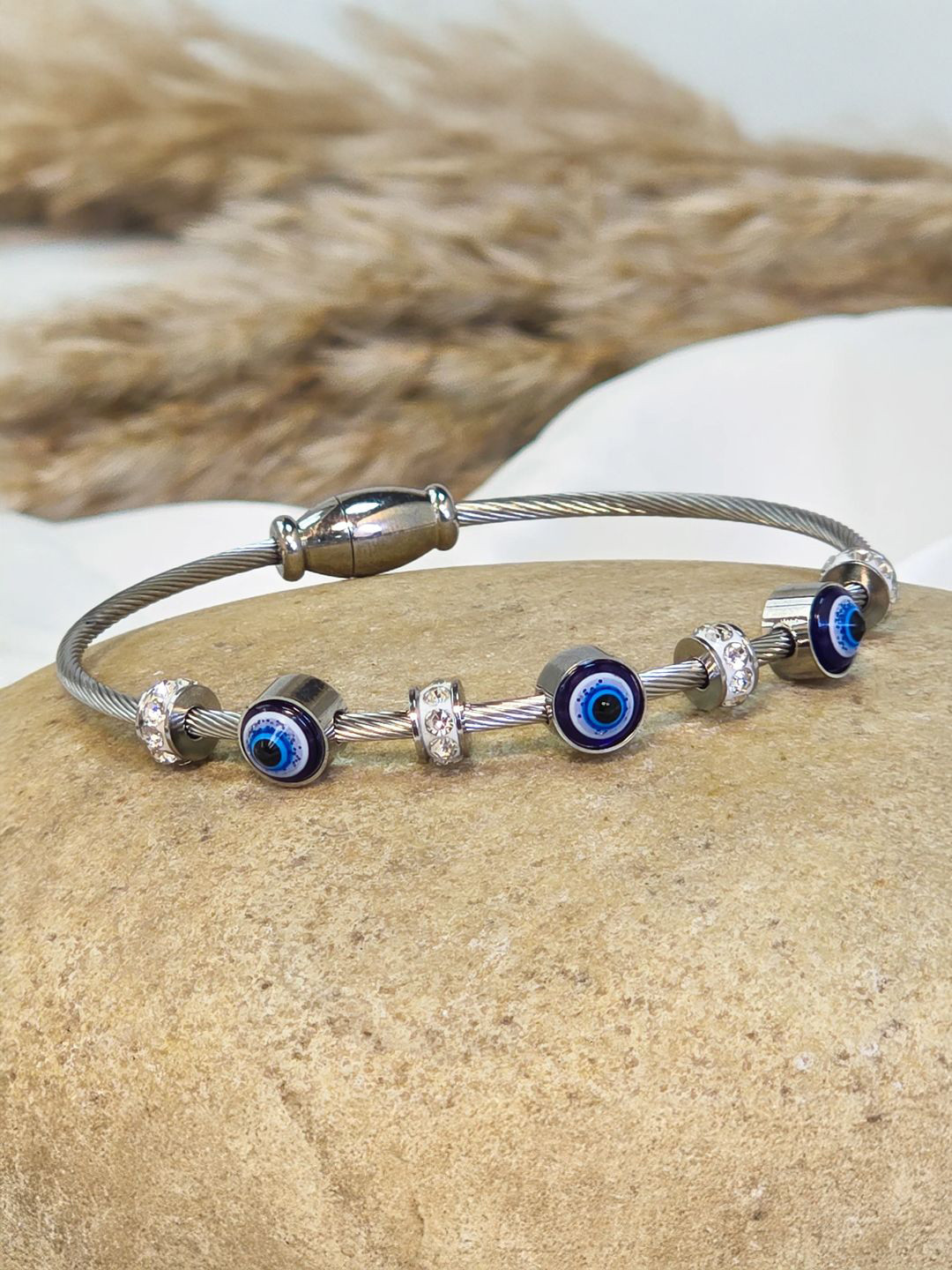 SHONA'S STYLE Rhodium-Plated Garnet Studded Evil Eye Anti Tarnish Bracelet