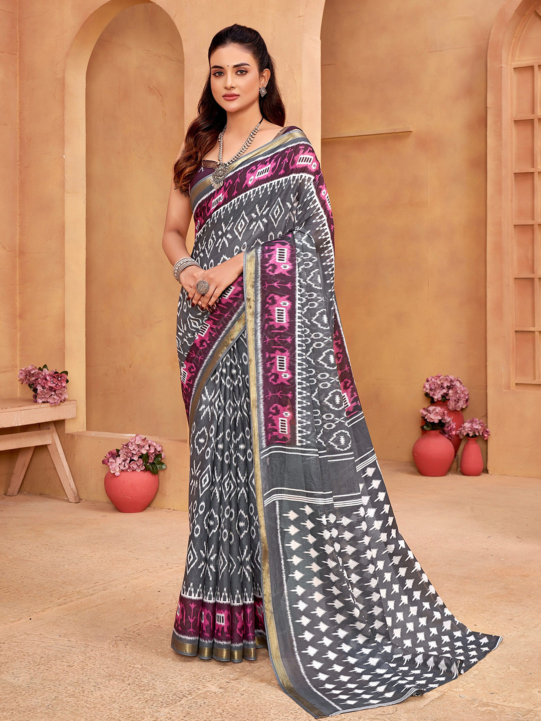 Munir Zari Pure Cotton Ikat Saree