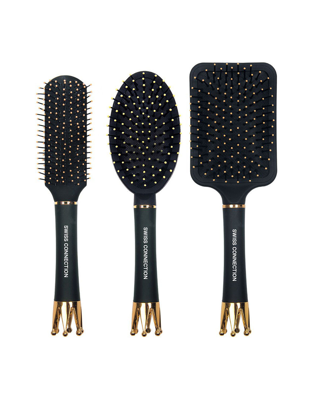Swiss Connection Set Of 3 Peddle Oval Detangle & Flat Hair Brushes - 152 153 154 Black