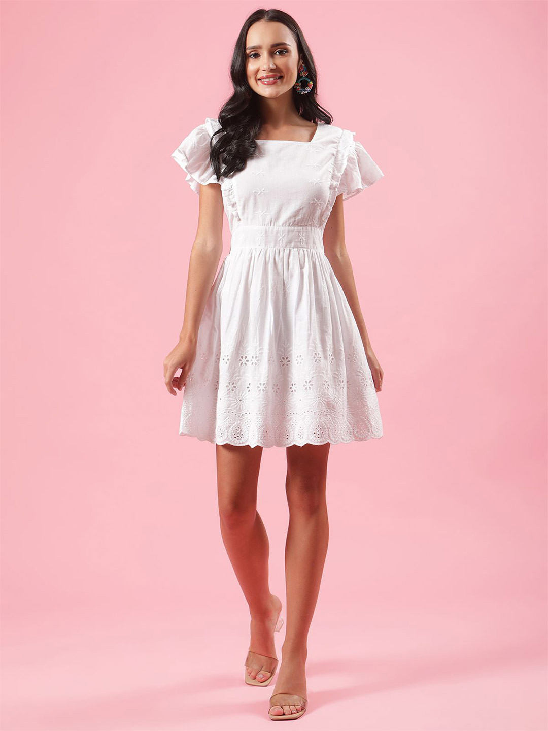 Shades of Sabi White Embroidered Solid Square Neck Fit & Flare Mini Dress