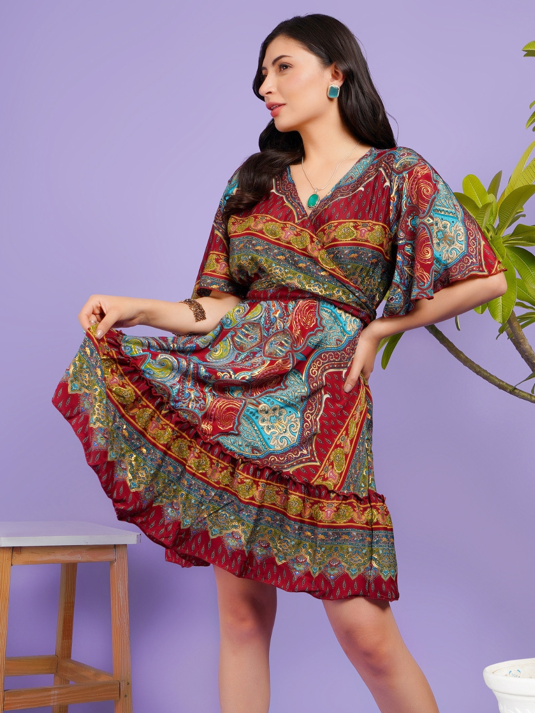 Boholyfe Women Bohemian Printed Maroon Sunset Paisley Mini Dress