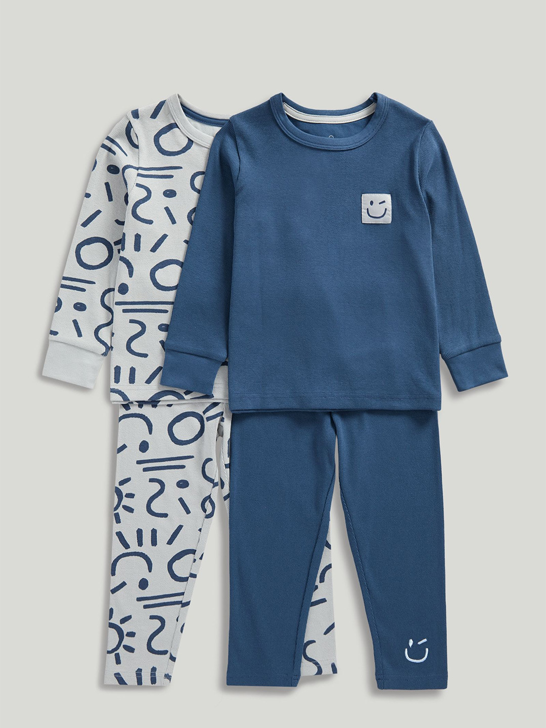 mothercare Boys Nightwear Scribble Ribbed Full Sleeves 4-Piece Pyjama Set