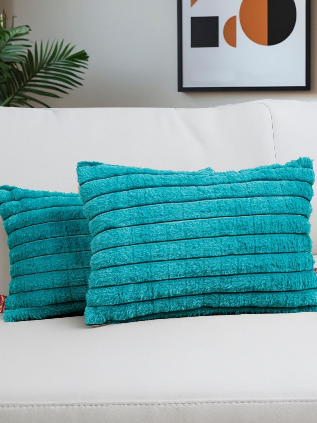 HOMADORN Super Soft Teal Striped Fur Reversible 2 Rectangle Cushion Covers -12x20In