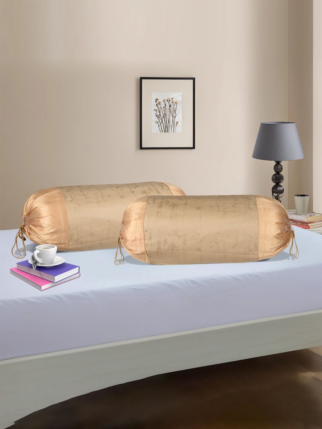 Aura Beige 2 Pcs Polyester 16x30 Inche Aesthetic Bolster Cover Washable Cylindrical Takiya