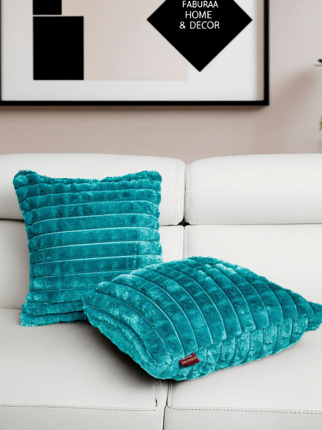 HOMADORN Super Soft Teal Geometric Fur Reversible 2 Square Cushion Covers -16x16In