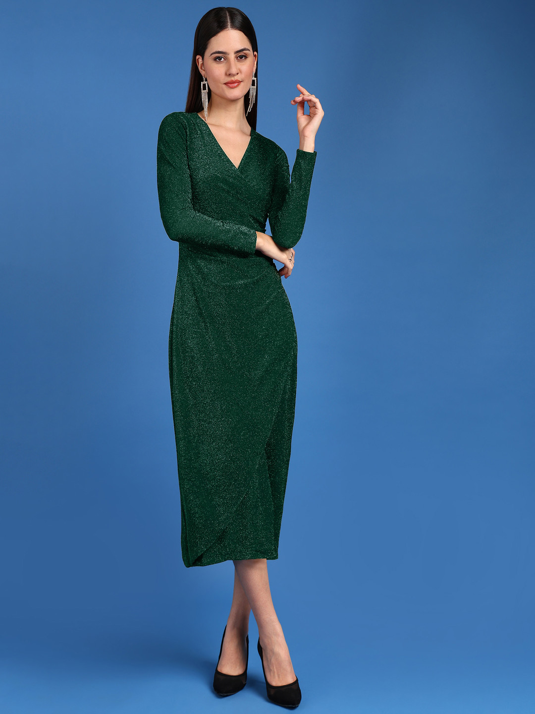 SAFFE Women's Textured Full Sleeve V-Neck Bodycon Body Fitted Midi Dress