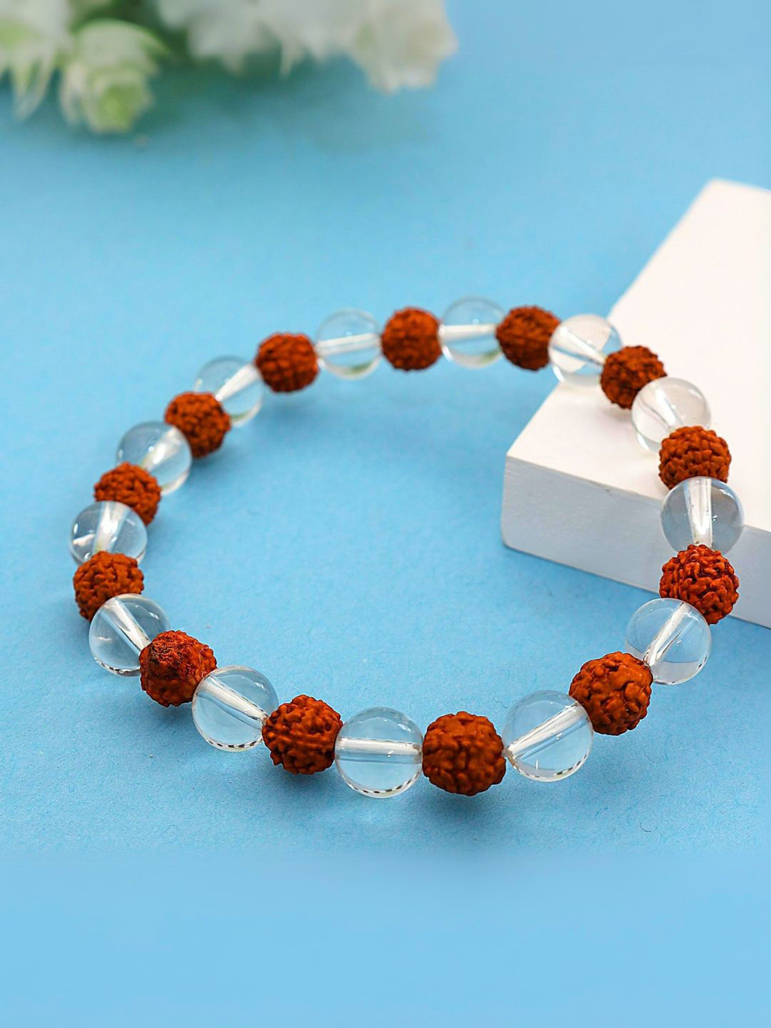 The Roadster Lifestyle Co Natural Rudraksha & Quartz Beaded Stretchable Bracelet