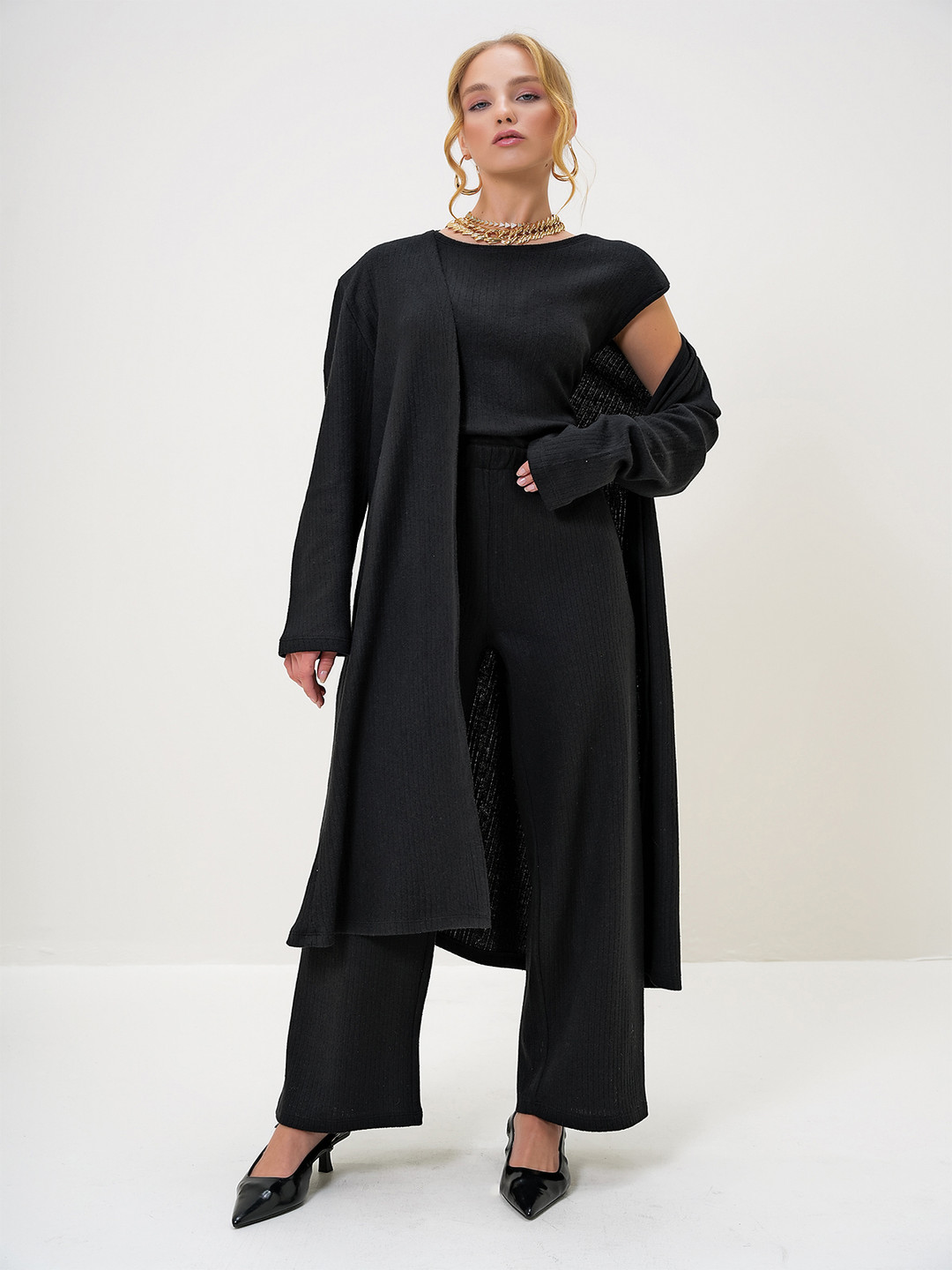 Trend Alacati stili Ribbed Round Collar Short Sleeves Top With Trouser & Coat Co-Ords