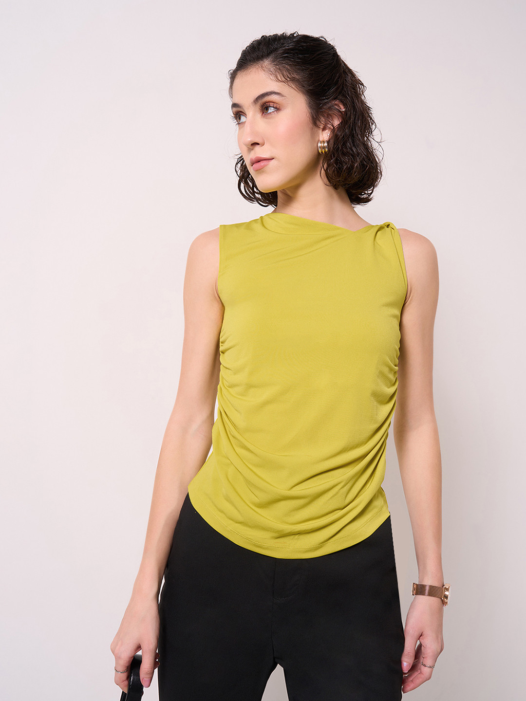 Annabelle by Pantaloons Women Solid Shoulder Twist Top With Side Ruching