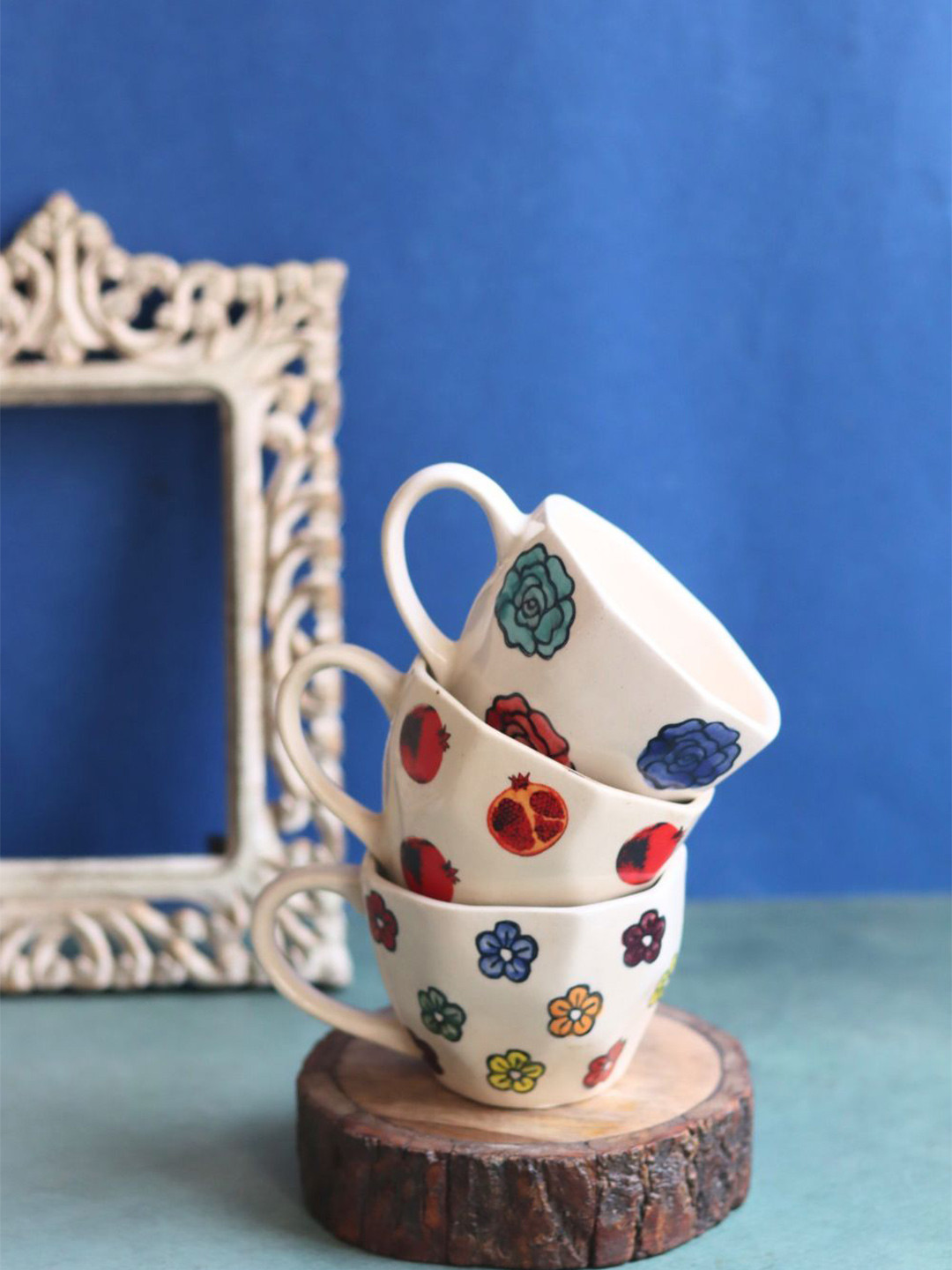 WEAVING HOMES White & Blue 3 Pieces Rosy Bloom Printed Ceramic Glossy Mugs-220 ml Each