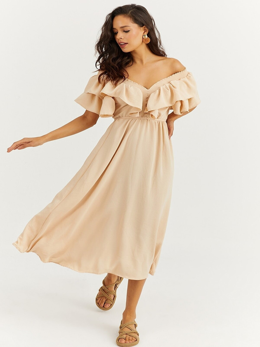 Cool & Sexy Off-Shoulder Flutter Sleeve Fit & Flare Midi Dress