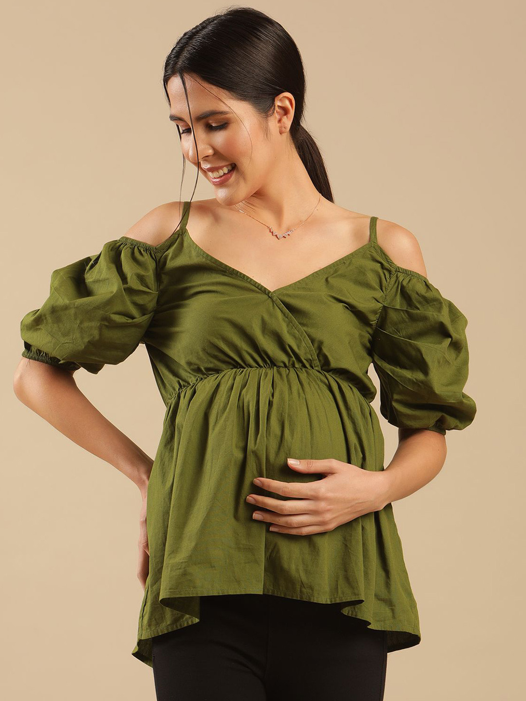 Shades of Sabi Green Shoulder Straps neck solid Cotton Regular Maternity Top
