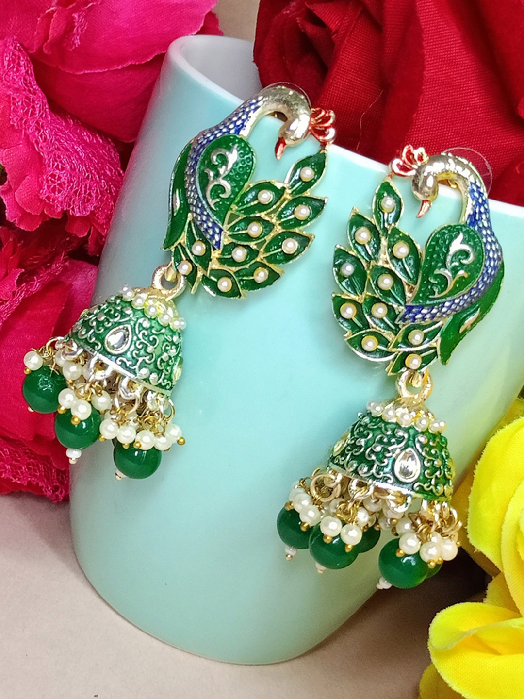 DIVASTRI Artificial Beads Peacock Shaped Jhumkas Earrings