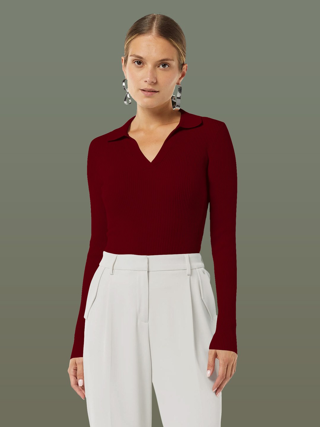 Dream Beauty Fashion Women XS Ribbed Shirt Collar Full Sleeves Regular Top