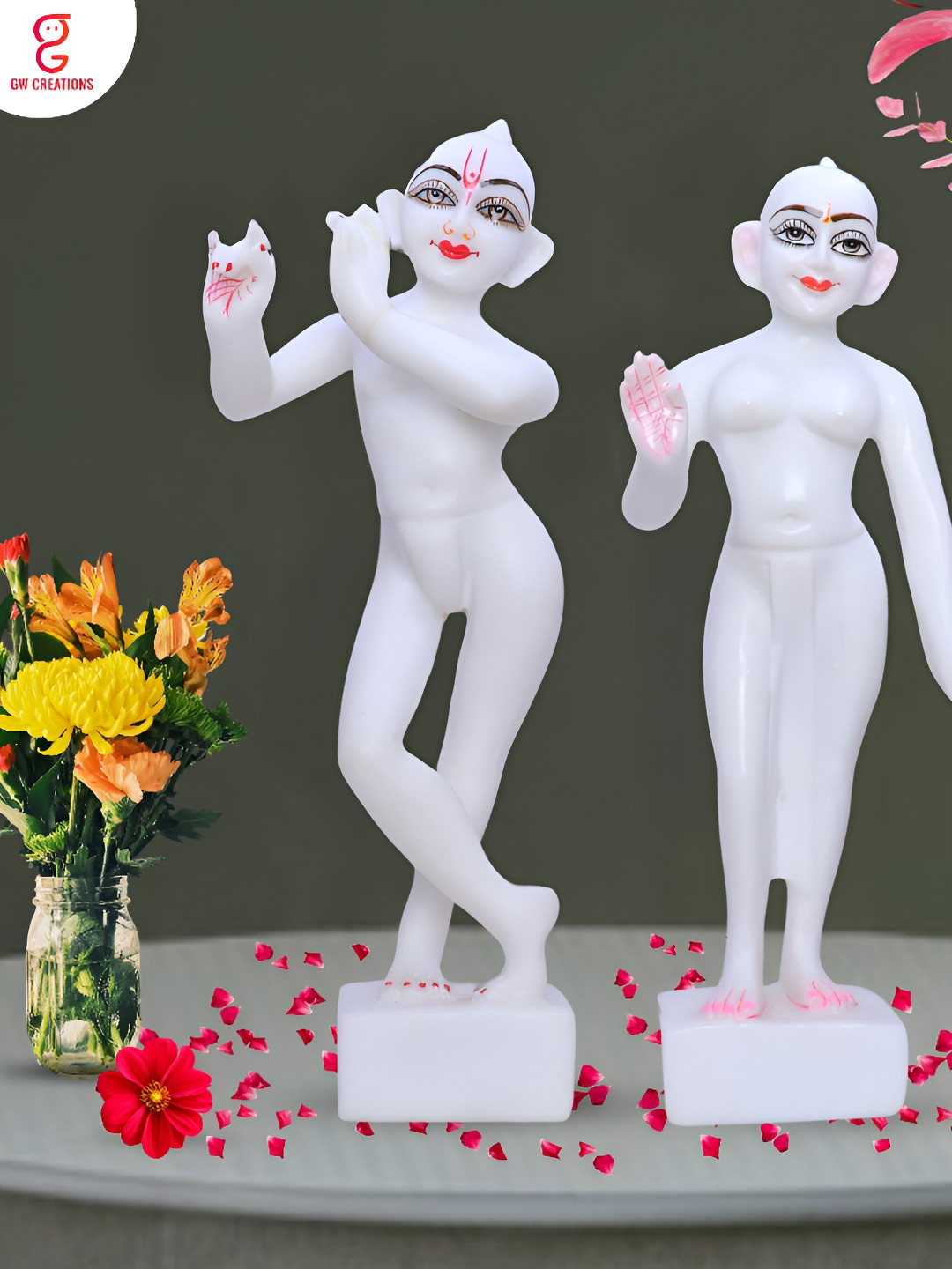 GW CREATIONS Jugal Jodi White Marble Matte Prayer Room Set of 2 Large Showpieces - 3.9 Inches